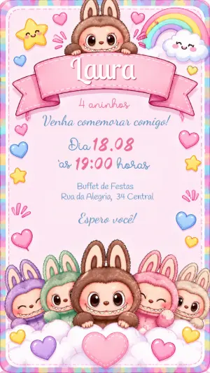 Convite de Aniversário Labubu Rosa para Menina | Modelo Editável