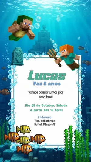 Convite Aniversário Minecraft Fundo do Mar para Editar Online