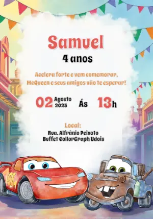 Convite Aniversário Carros com Relâmpago McQueen para Editar