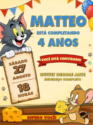 Convite de Aniversário Tom e Jerry para Editar Online