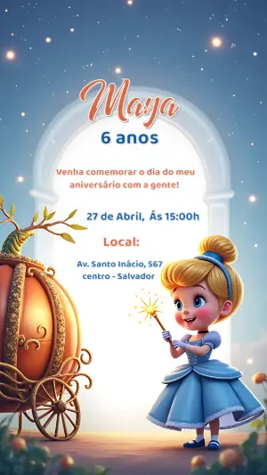 Convite Aniversário Cinderela Princesa para Editar Online