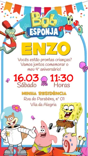 Convite Bob Esponja de Aniversário Editável