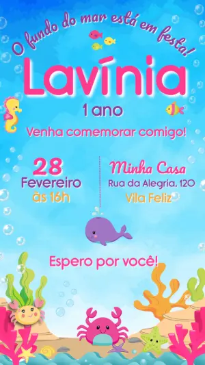 Convite Aniversário Fundo do Mar Menina para Editar Online