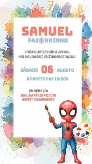 Convite Aniversário Homem Aranha Aquarela para Editar