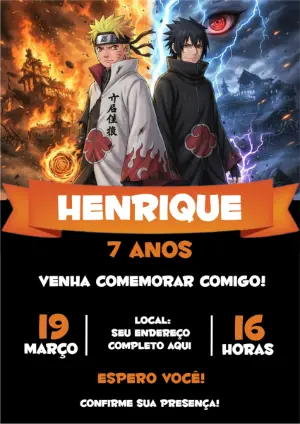 Convite de Aniversário Naruto vs Sasuke Modelo Digital para Editar
