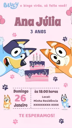 Convite de Aniversário Bluey e Bingo para Editar Online