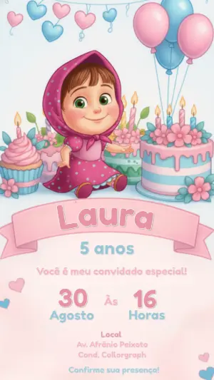 Convite Digital Aniversário Infantil Masha Rosa para Editar