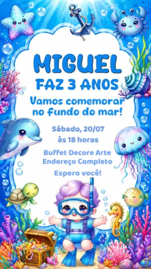 Convite Fundo do Mar Infantil com Menino Editável