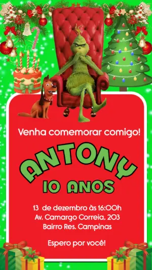 Convite Aniversário Grinch Natalino para Editar Online