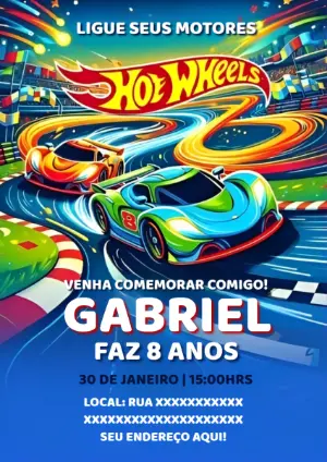 Convite de Aniversário Hot Wheels com Carros para Editar Online