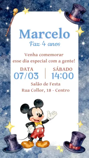 Convite de Aniversário Mickey Mágico em Aquarela para Editar