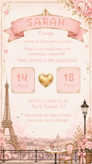 Convite de Aniversário Paris Romântico Editável
