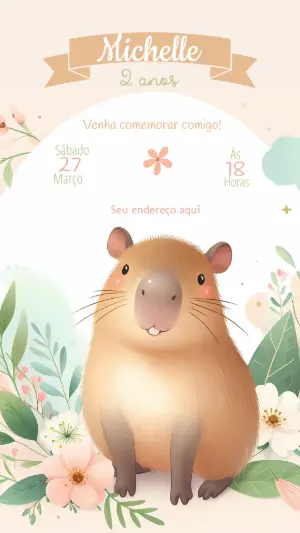 Convite Aniversário Capivara Aquarela para Editar Online