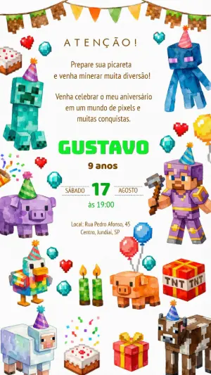 Convite Digital Minecraft Estilo Aquarela Editável
