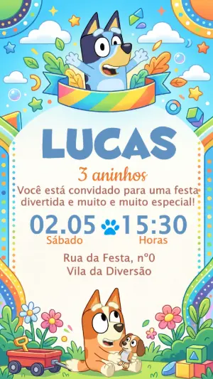 Convite de Aniversário Bluey Colorido para Editar