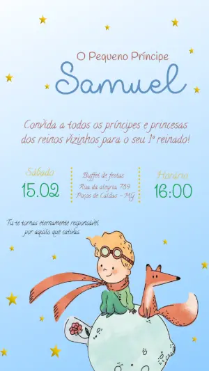 Convite Digital O Pequeno Príncipe Aquarela para Editar