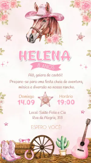 Convite de Aniversário Cowgirl Rosa Floral Editável