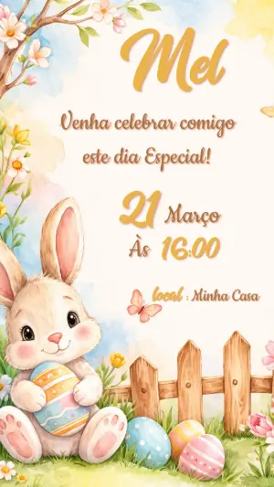 Convite de Páscoa Fofo com Coelho em Aquarela para Editar