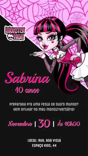 Convite de Aniversário Monster High Rosa e Preto Editável