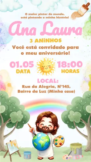 Convite Aniversário Infantil Jesus Pintor Aquarela Editável