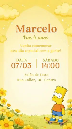 Convite de Aniversário Bart Simpson Amarelo para Editar