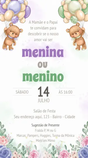 Convite Chá Revelação Ursinhos com Balões para Editar Online