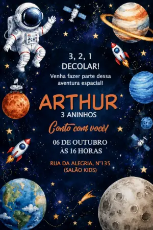 Convite de Aniversário Astronauta no Espaço Editável