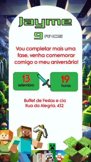 Convite Animado Aniversário Minecraft para Editar Online