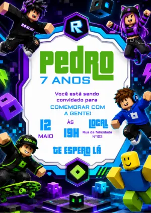 Convite Digital Roblox Gamer Editável para Aniversário