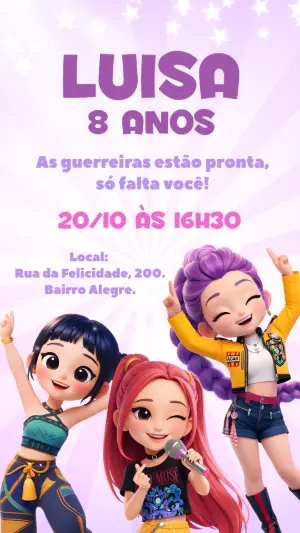 Convite de Aniversário K-Pop Guerreiras Modelo Editável