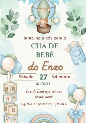 Convite Chá de Bebê Ursinho Baloeiro para Editar Online