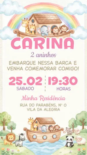 Convite Editável Aniversário Arca de Noé Menina