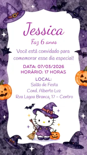 Convite Editável Aniversário Infantil Hello Kitty Halloween Roxo