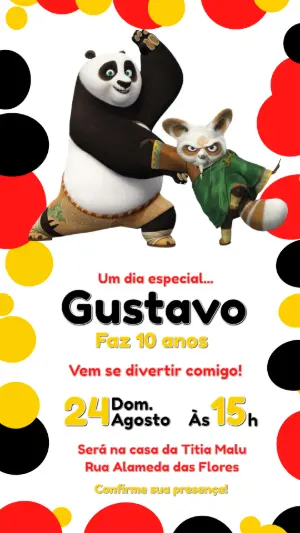 Convite Digital Aniversário Infantil Kung Fu Panda para Editar