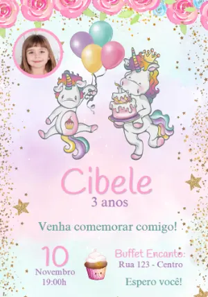 Convite Aniversário Unicórnio com Foto para Editar Online