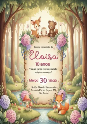 Convite Aniversário Bosque Encantado com Animais para Editar