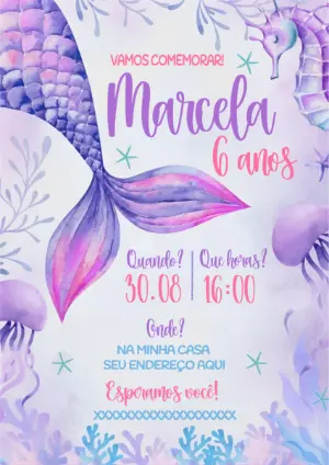 Convite de Aniversário Sereia Fundo do Mar para Editar Online