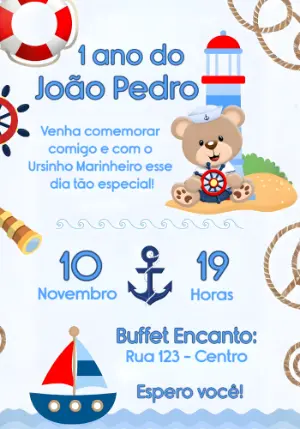 Convite Aniversário Ursinho Marinheiro para Editar Online