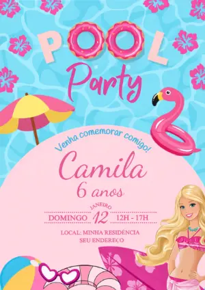 Convite Editável de Aniversário Pool Party da Barbie
