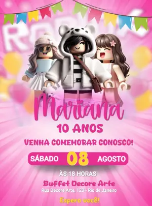 Convite de Aniversário Roblox Rosa para Editar Online