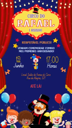 Convite de Aniversário Circo Mundo Bita Infantil Colorido para Editar