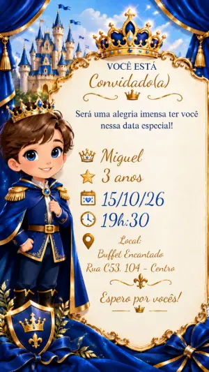Convite de Aniversário Príncipe Real Azul e Dourado Editável