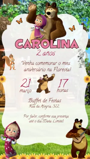 Convite Digital Masha e o Urso: Aniversário Infantil Editável