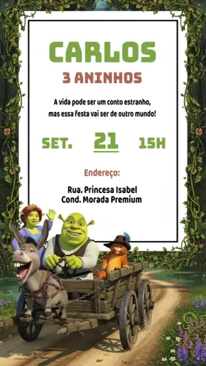 Convite de Aniversário Shrek com Personagens para Editar Online