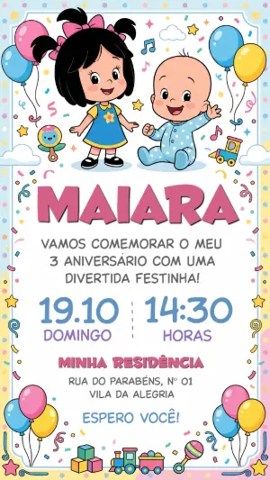 Convite de Aniversário Infantil Cléo e Cuquin Editável