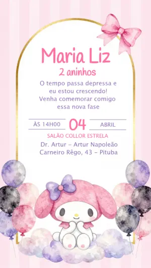 Convite de Aniversário My Melody Fofo e Delicado para Editar