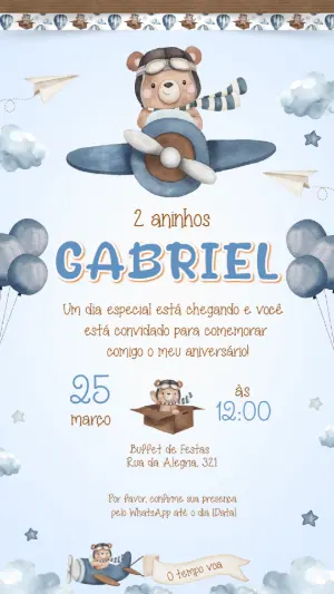 Convite de Aniversário Ursinho Aviador Aquarela Editável
