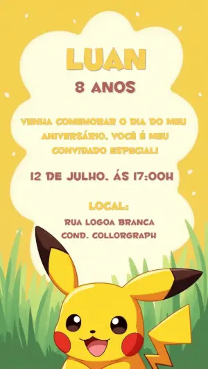 Convite de Aniversário Pikachu Editável Online para Enviar