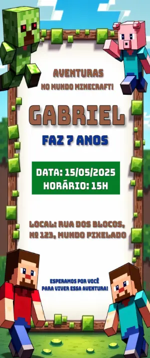 Convite de Aniversário Minecraft com Personagens para Editar