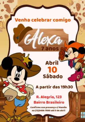 Convite de Aniversário Mickey Rodeio para Editar Online